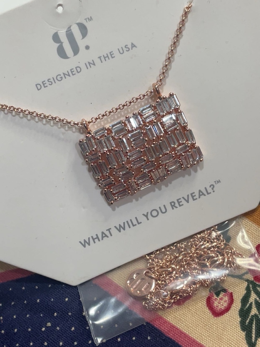 bp Rose Gold Rectangular Baguette Crystal Pendant Necklace - Picture 2 of 3